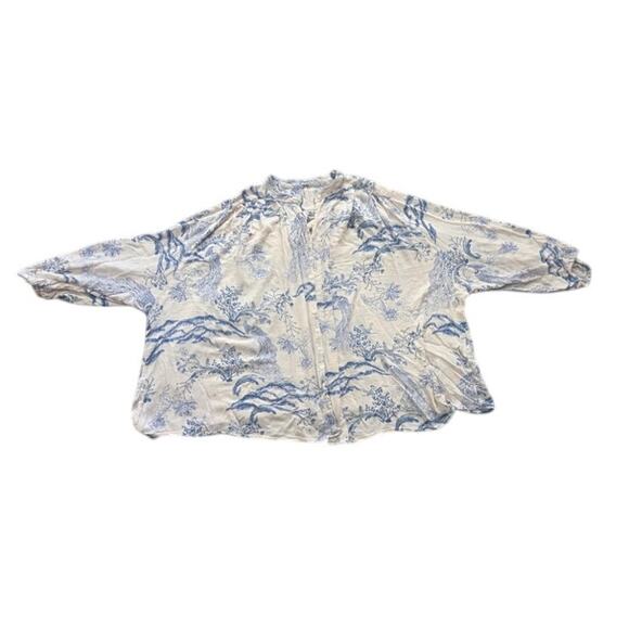 Free People Oversized Peacock Bloom Button Up Blouse Large Ivory & Blue Floral - Picture 2 of 5